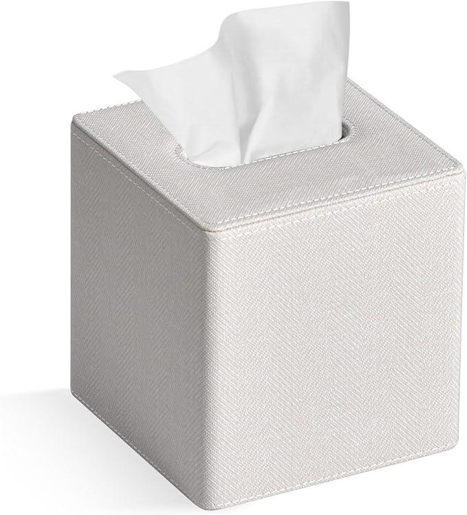 GOLRANLYE Tissue Box Cover Square PU Leather Facial Tissue Box Holder for Dresser Bathroom Decor (Linen Beige) - ModernBath