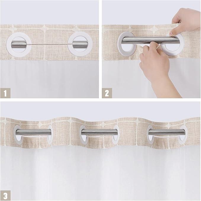 MitoVilla No Hooks Required Farmhouse Shower Curtain with Snap-in Liner - with Window & Magnets, Boho Cotton Linen Fabric Shower Curtains with Tassels for Rustic Bathroom Decor, Beige/Cream, 72 x 74 - ModernBath