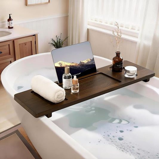 Teak Bathtub Tray - Large Wood Bath Caddy Tray 29" - Luxury Shower Organizer for Freestanding Bath - Adjustable Bathtub Trays for Home Spa Relaxation and Reading - Dark Walnut Color