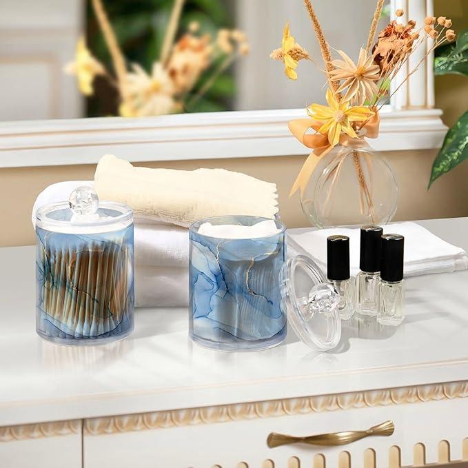 BOENLE 2 Pack Qtip Holder Dispenser Blue Marble Bathroom Storage Canister Lid Acrylic Plastic Apothecary Jar Set Vanity Makeup Organizer for Cotton Swabs/Pads/Floss - ModernBath