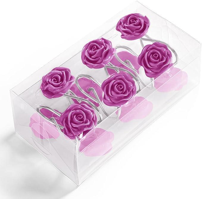 Litabel Rose Flower Shower Curtain Hooks 12PCS,Home Decorative Burgundy Rose Shower Curtain Hooks Metal Rustproof Cute Rose Flower Shower Hooks Rings Bathroom Shower Rods Decoration Accessories - ModernBath