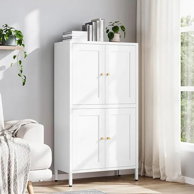 Yizosh Metal Pantry Cabinet,Tall Kitchen Pantry Storage Cabinet with 4 Doors and 2 Adjustable Shelves - 43" White Cupboard Cabinet for Kitchen,Living Room,Dining Room,Home - ModernBath