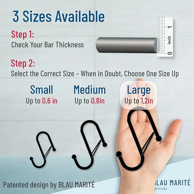 Blau Marité 6-Pack Metal S Hooks for Hanging – Heavy-Duty S-Shaped Hook with Safety Buckle – Fits Bars up to 1.2 in – Anti-Drop S-Hooks for Closet, Wardrobes & Storage – Silver (Large) - ModernBath