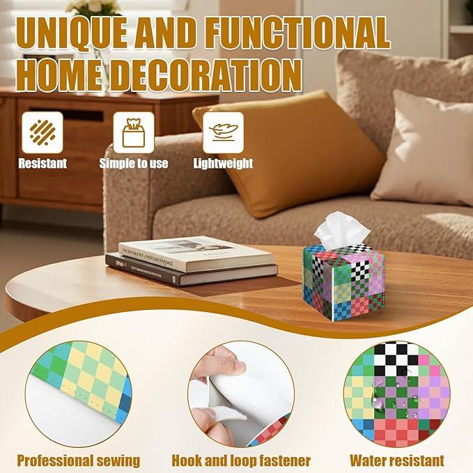 Colorful Checkered Tissue Box Cover 2PCS, Leather Tissue Box Holder Square Facial Paper Case Tissue Box Cube Organizer for Bathroom Bedroom Desk Office - ModernBath