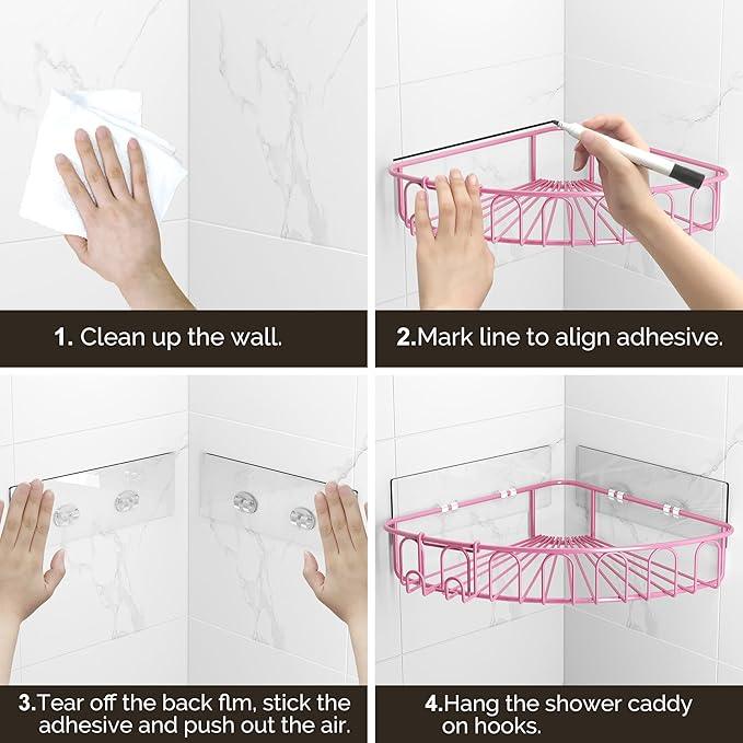 Orimade Corner Shower Caddy with 2 Hooks Wall Mounted Metal Bathroom Shelf Storage Organizer Adhesive No Drilling 2 Pack, Pink Only for 90-Degree Corner - ModernBath