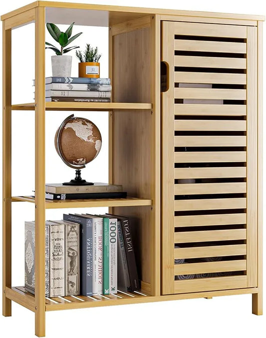 HITNET Bathroom Floor Cabinet, Bamboo Storage Cabinet with Door and 3 Open Shelves, Freestanding Side Kitchen Cupboard Organizer, Natural - ModernBath