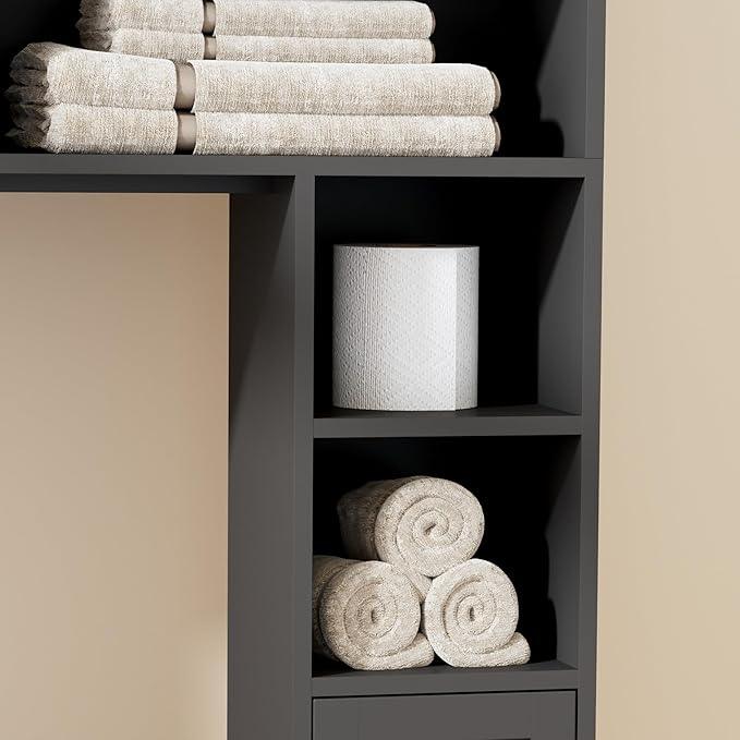 Homhedy 67" H Over The Toilet Storage Cabinet, Boho Bathroom Organizer with Rattan Decorated Doors, Adjustable Shelves, Toilet Paper Holder, Space-Saving Bathroom Shelf, Natural and Black - ModernBath
