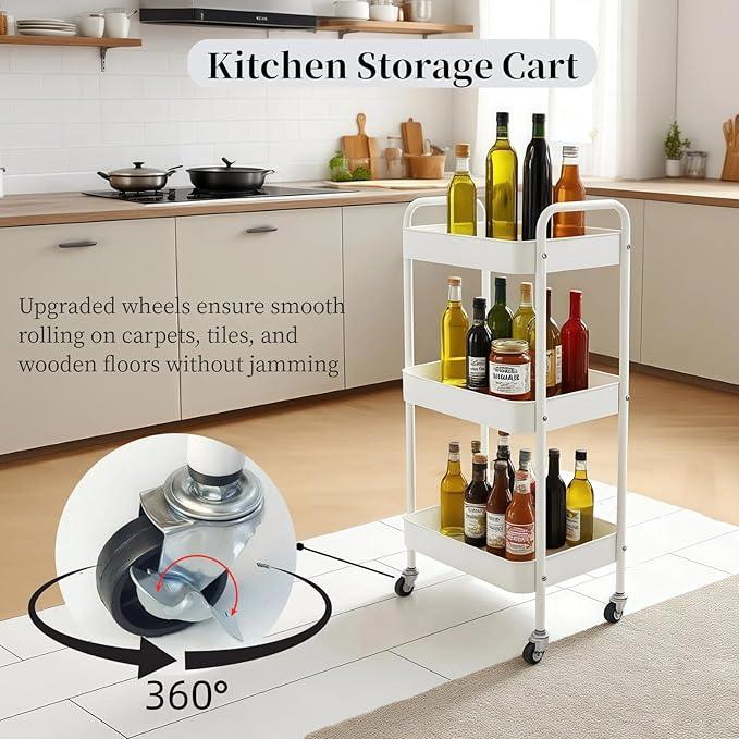 Metal 3 Tier Rolling Cart with Wheels for Kitchen Storage & Laundry Room Organization, Bedside Cart with Handle and 4 Hooks, Versatile Large Capacity Art & Craft Storage Organizer, White - ModernBath