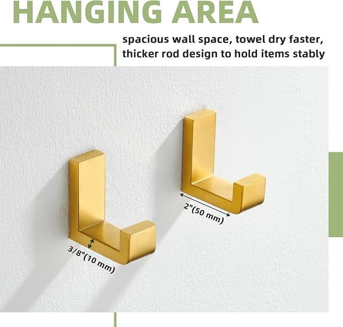 APLusee L Shape Bath Towel Hook 2 Pack, 304 Stainless Steel Coat Holder, Wall Mounted Storage Hanger for Bathroom Kitchen, Brushed Gold - ModernBath