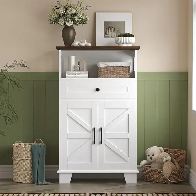 Farmhouse Bathroom Storage Cabinet with Drawer & Adjustable Shelves, White 23.6" Wide Freestanding Floor Cabinet, Barn Door, Sturdy Wood, for Kitchen, Entryway (23.6 * 11.8 * 39.3" (Floor)) - ModernBath