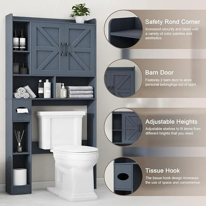 Vabches Over The Toilet Storage Cabinet, Farmhouse Storage Cabinet Over Toilet with 2 Barn Door & Toilet Paper Holder Stand，Home Space-Saving Toilet Rack, for Bathroom, Restroom, Laundry,Blue - ModernBath