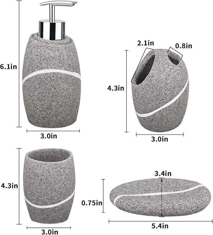 Bathroom Accessory Set,4 Pieces Bathroom Decor Accessories Complete Set Vanity Countertop Accessory Set,Includes Bathroom Soap Dispenser Set,Toothbrush Holder Set,Tumbler,Soap Dish,Grey Granite - ModernBath