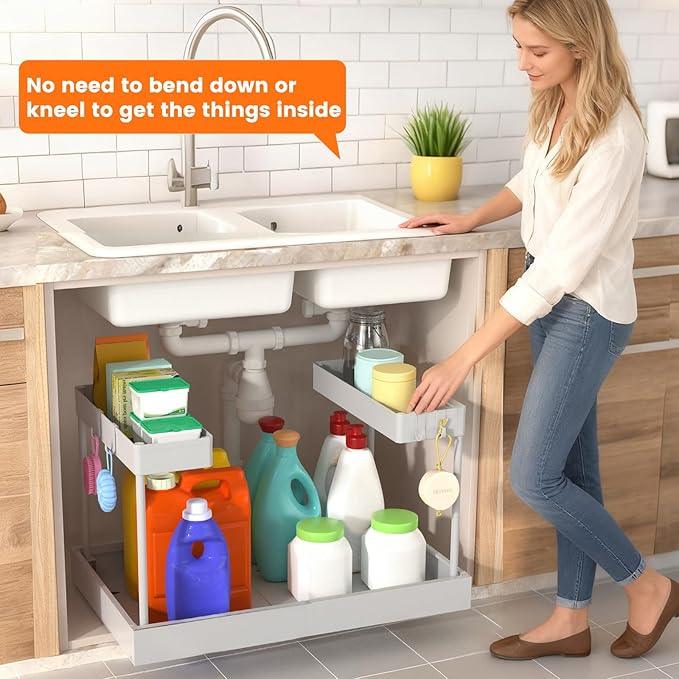 Expandable Under Sink Organizers and Storage,Width Adjustable (14.9-23.6IN),No Drill 2-Tier Pull Out Under Cabinet Organizer for Kitchen Bathroom Laundry White - ModernBath