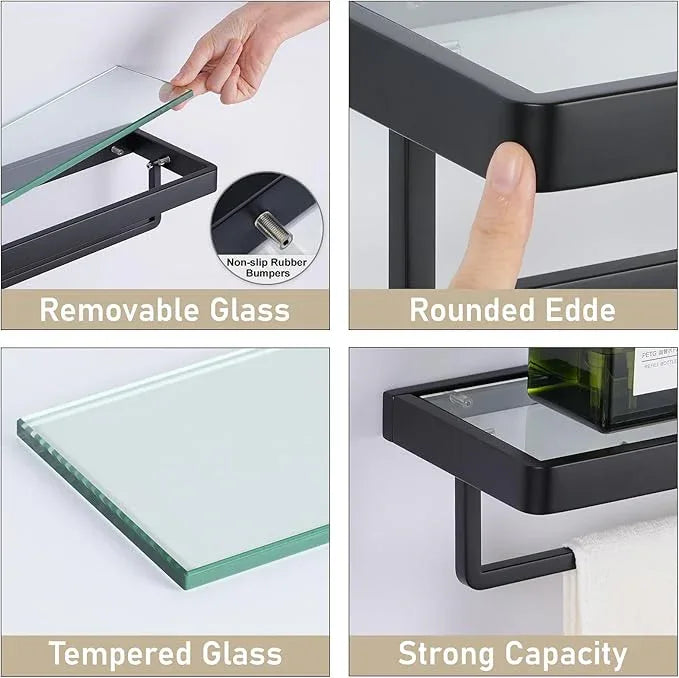 Floating Glass Shelves for Bathroom 20-in with Towel Bar/Tempered Glass Rectangular 1 Tier Organizer Shelf (Matte Black, 20'') - ModernBath