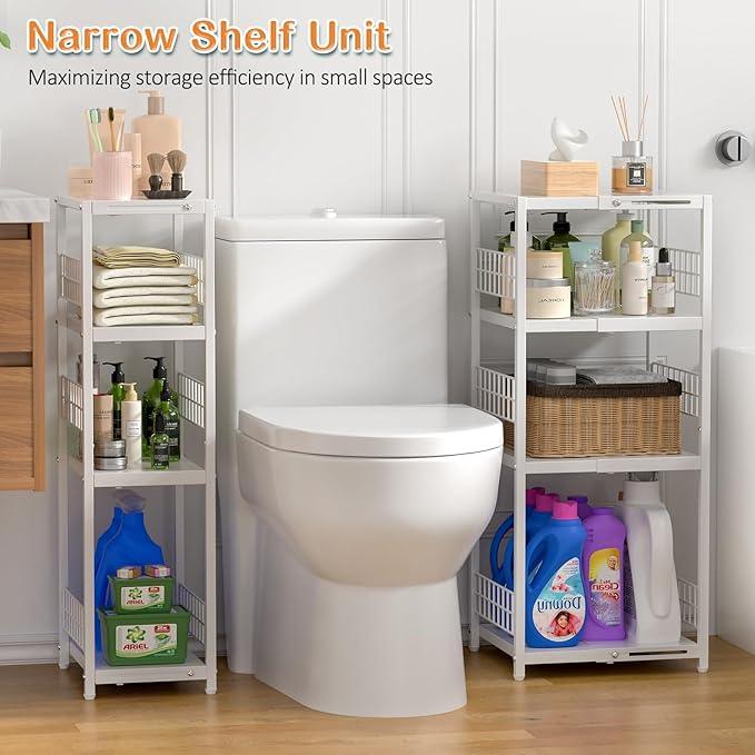 4 Tier Expandable Slim Storage Shelf, Metal Shelving Unit for Bathroom Storage Organizer, Freestanding Narrow Shelf for Small Spaces, Open Floor Shelves for Bathroom, Laundry Room, Kitchen,White - ModernBath