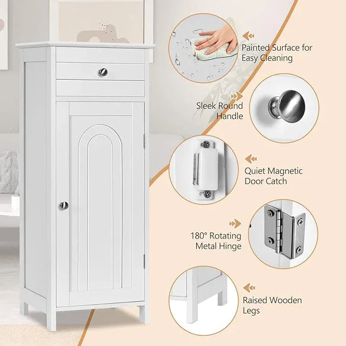 COSTWAY Bathroom Storage Cabinet, Single Door Floor Cabinet with Drawer and 3-Level Adjustable Shelves, Modern Side Storage Organizer with Anti-Tipping Device for Living Room, Bedroom (White) - ModernBath