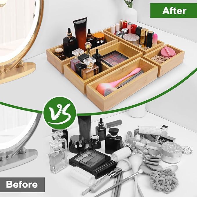 Bamboo Drawer Organizer Set, 5 PCS Multi-Use Individual Wood Storage Organizers, Junk Drawer Divider and Storage Trays Containers for Kitchen, Bathroom, Office Desk, Makeup, Jewelry, Utensils - ModernBath