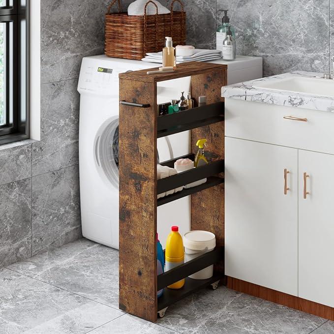 MARTY Slim Rolling Cart 4-Tier Utility Carts with Wheels Handle, Kitchen Storage Cart Slide Out Mobile Shelving Unit Organizer for Bathroom Laundry Room Organization Narrow Places (Rustic Brown) - ModernBath
