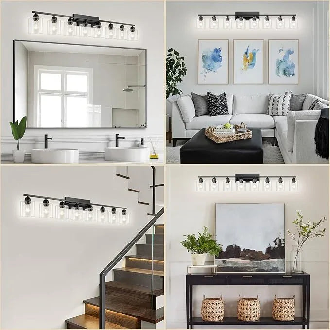 FAISHILAN Modern 8 Light Bathroom Light Fixtures, 52 inch Vanity Lights for Bathroom with Clear Glass, Black Bathroom Light Fixture for Mirror Kitchen Living Room Hallway Cabinet Porch - ModernBath