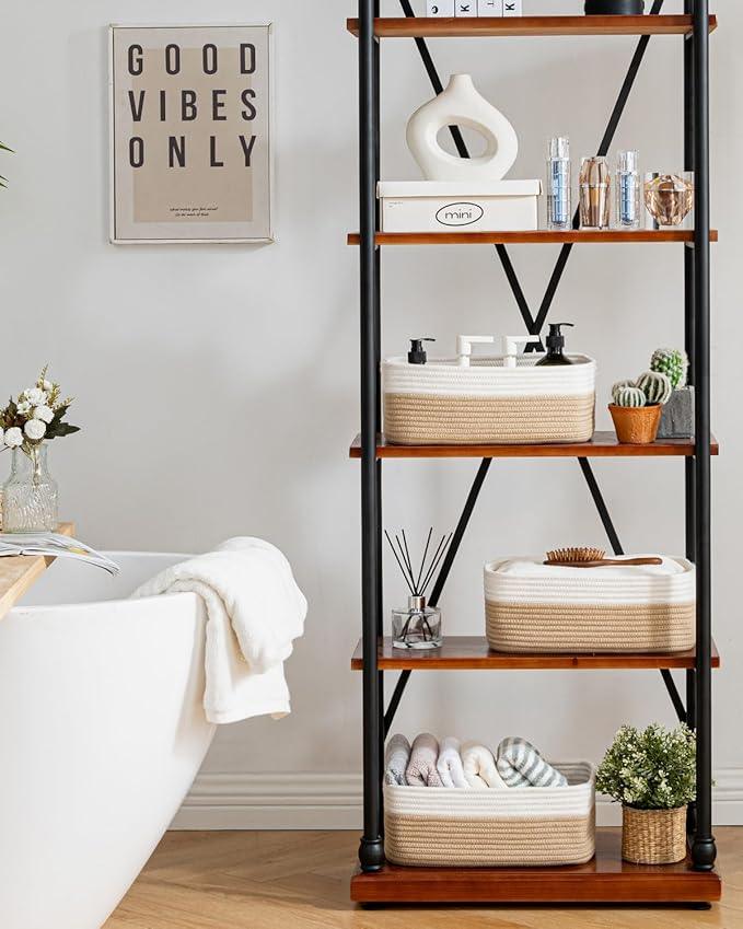 Small Woven Basket, 13.5 x 9.5 x 5 Inches, Storage Basket for Organizing, Cute Small Rope Shelf Closet Cube Storage Bins Baskets for Shelves, Dog Toy Gift Baskets Empty, 3 Pack White & Brown - ModernBath