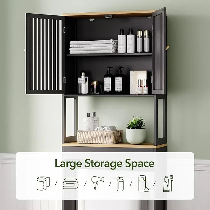 Over The Toilet Storage Cabinet with Breathable Bamboo Doors, 3-Tier Bathroom Organizer Above Toilet, Freestanding Space Saver Rack with Adjustable Bottom Bar & Shelf, 24" x 70", Black & Natural - ModernBath