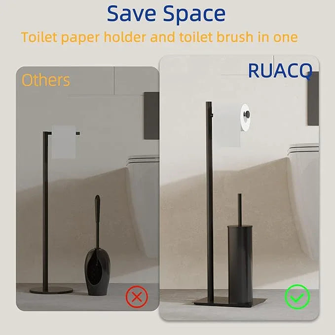 RUACQ Toilet Paper Holder Stand with Toilet Brush and Holder Set, 304 Stainless Steel Bathroom Toilet Tissue Paper Roll Holder Free Standing, Weighted Base, Heavy Duty (Matte Black) - ModernBath