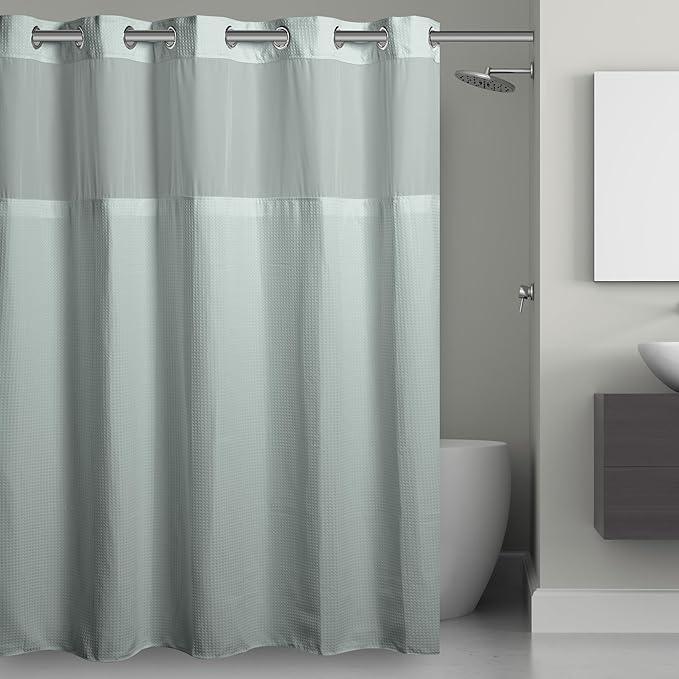 It's A Snap! Waffle Shower Curtain, 3-in-1 with Fabric Shower Curtain, Sheer Top Window, Flex-On Rings & Liner, 71' x 74', Misty Blue - ModernBath