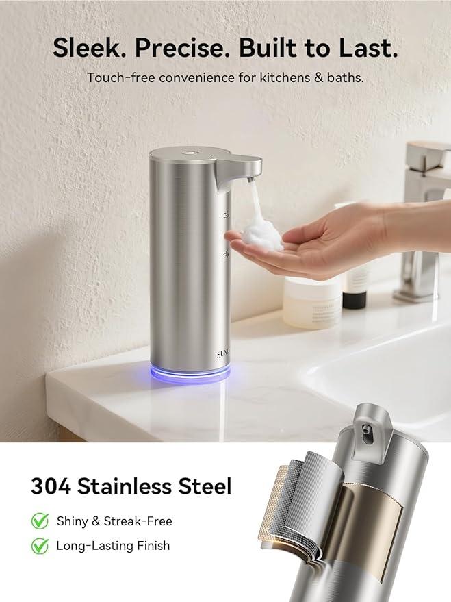 SUNLY Automatic Foam Soap Dispenser, 0.2s Fast Sensor, USB-C Rechargeable, Smudge-Resistant Stainless Steel, Touchless Liquid & Foaming Soap Dispenser for Bathroom, Kitchen, Hotel, Silver - ModernBath