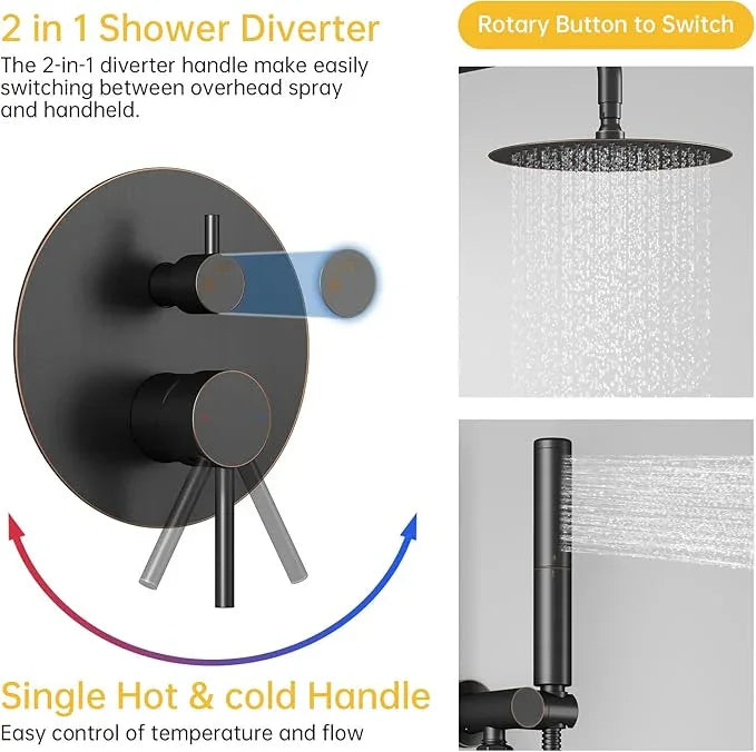 BESy Shower System with 10 Inch Round Rain Shower Head and Handheld Wall Mounted, High Pressure Rainfall Shower Faucet Fixture Combo Set with 2 in 1 Handheld Showerhead for Bathroom, Oil Rubbed Bronze - ModernBath