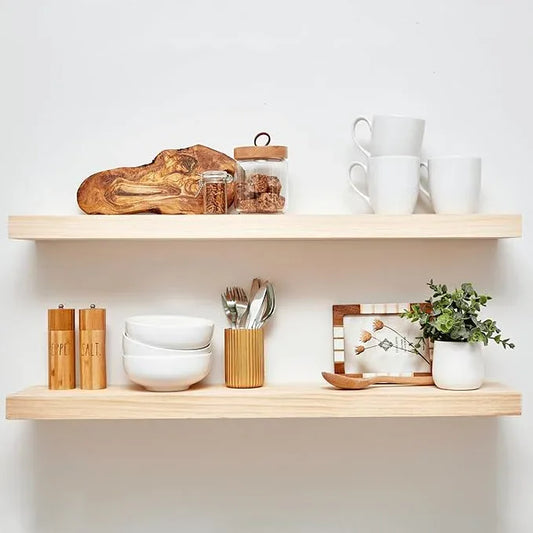 Homeforia 36 inch Natural Floating Shelf, High End Solid Real Wood 36inch Small Floating Shelves for Wall Mounted, Natural Wooden Floating Shelves, Heavy Duty Bracket, 36 X 6.5 X 1.75 in, Set of 2 - ModernBath