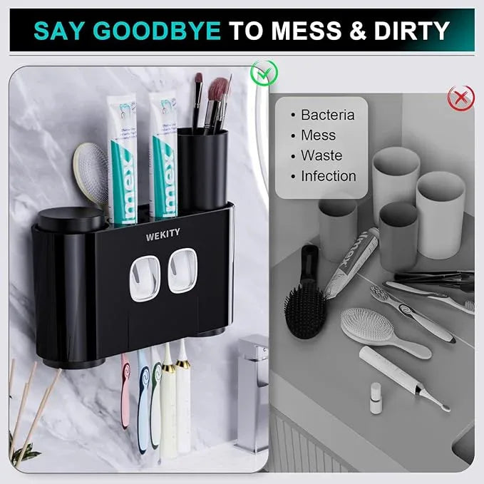Toothbrush Holder,Multi-Functional Wall Mounted Toothbrush Holder,Toothpaste Dispenser for Bathroom with 2 Toothpaste Squeezers,5 Toothbrush Slots and 4 Cups(Black) - ModernBath