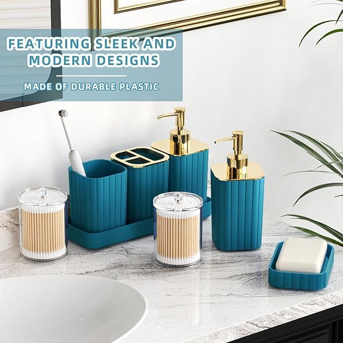 XLHOMO Bathroom Accessories Set - Gorgeous Bathroom Set, 10PC Teal Bathroom Accessory Set, Toilet Brush, Trash Can, Qtip Holder Dispenser & Soap Dispenser - ModernBath