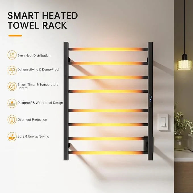 Towel Warmer Rack, Heated Towel Racks for Bathroom, Wall Mounted Towel Warmer, Stainless Steel 8-Bars Drying Rack with Intelligent Touch Screen Timer, Matte Black - ModernBath