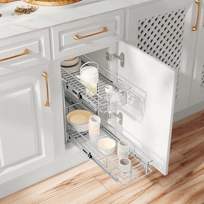 ROOMTEC Individual Pull Out Cabinet Organizer (7½"W x 21½"D), 2 Tier Spice Rack Organizer for Cabinet, Slide Out Drawer Pantry Shelf Organization and Storage for Kitchen Bathroom - ModernBath