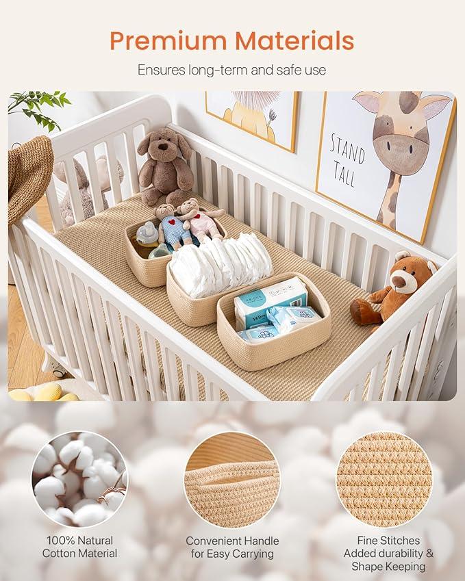 Small Woven Basket, 12 x 8 x 4.5 Inches, Storage Basket for Organizing, Cute Small Rope Shelf Closet Cube Storage Bins Baskets for Shelves, Dog Toy Gift Baskets Empty, 3 Packs, Beige - ModernBath