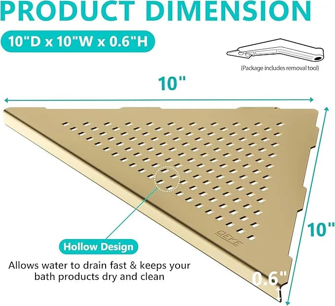 Corner Shower Shelves, 10” Recessed Tile Shower Shelf Brushed Golden, 304 Stainless Steel Grout in Corner Tile Shower Shelves, No Drilling, 2 Pack - ModernBath