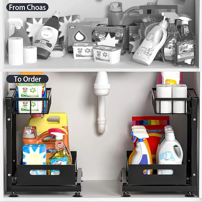 Under Sink Organizer for Kitchen and Bathroom, 2 Pack 2 Tier Pull Out Storage Rack - Height Adjustable Heavy Duty Metal Basket with High Capacity & Safety Stopper, Rustproof for Cleaning Supplies - ModernBath