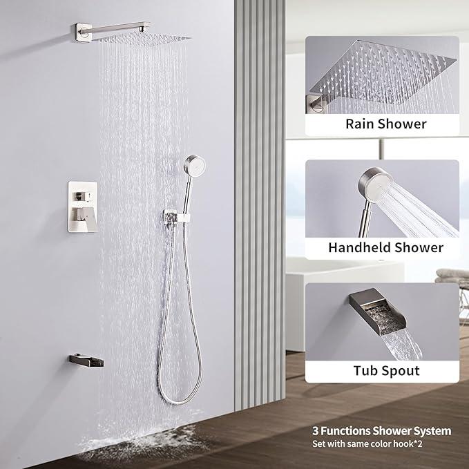 RTTWYYUU Brushed Nickel Shower Tub Faucet Set, Wall Mounted 8 Inch Shower Heads with Handheld Spray Combo and Tub Shower Faucet, Luxury Bathroom Square Rain Shower System - 4 Hooks - ModernBath