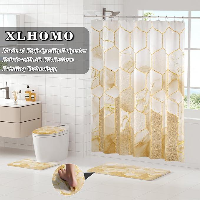 XLHOMO Bathroom Sets with Shower Curtain and Rugs - 4PC Beige Geometric Shower Curtain Set with 12 Hooks, Toilet Cover, U-Shaped Mat and Rugs Modern Abstract Bathroom Accessories for Bathroom - ModernBath