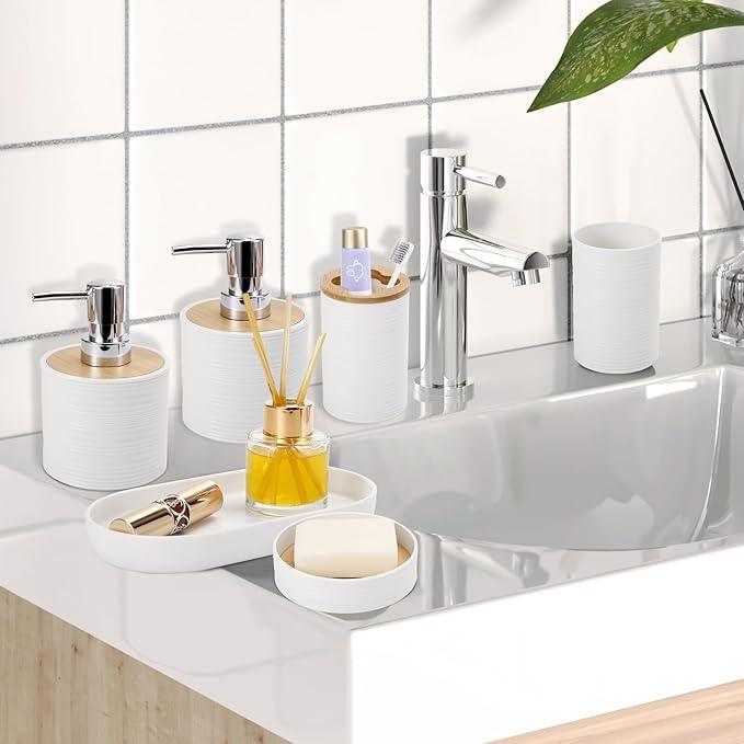XLHOMO White Bathroom Set, White Bathroom Accessories Set with Trash Can, 2PCS Soap Dispensers, Soap Dish, Toothbrush Holder, Toothbrush Cup,Toilet Brush, Tray and Qtip Holders for Bathroom Decor - ModernBath