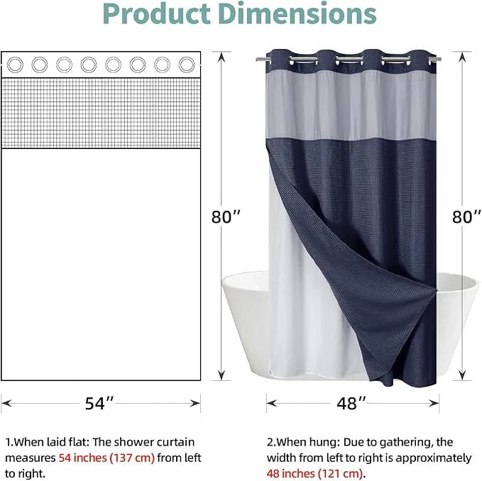 eachope Navy No Hook Waffle Weave Shower Curtain with snap-in Liner Replacement, 230GSM Waterproof Fabric Hotel Shower Curtain Set for Bathroom, Through Mesh Top Window,54Wx80H - ModernBath