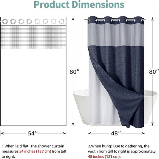 eachope Navy No Hook Waffle Weave Shower Curtain with snap-in Liner Replacement, 230GSM Waterproof Fabric Hotel Shower Curtain Set for Bathroom, Through Mesh Top Window,54Wx80H - ModernBath
