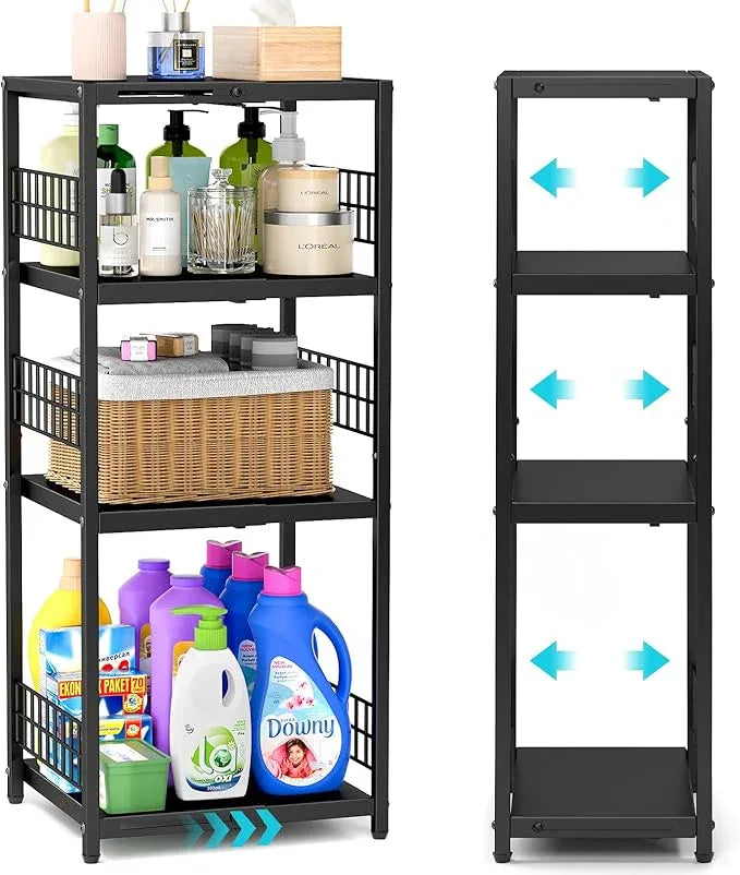 Expandable Slim Storage Shelf, 4 Tier Metal Shelving Unit for Bathroom Storage Organizer, Freestanding Narrow Shelf for Small Spaces, Open Floor Shelves for Bathroom, Laundry Room, Kitchen - ModernBath