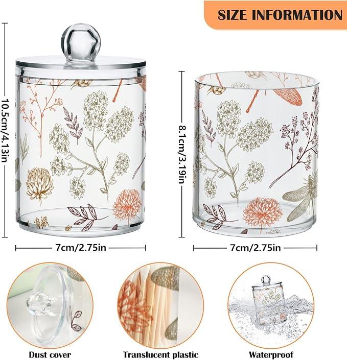 BOENLE 2 Pack Qtip Holder Organizer Dispenser Dragonfly Pattern Bathroom Storage Canister Cotton Ball Holder Container for Cotton Swabs/Pads/Floss - ModernBath