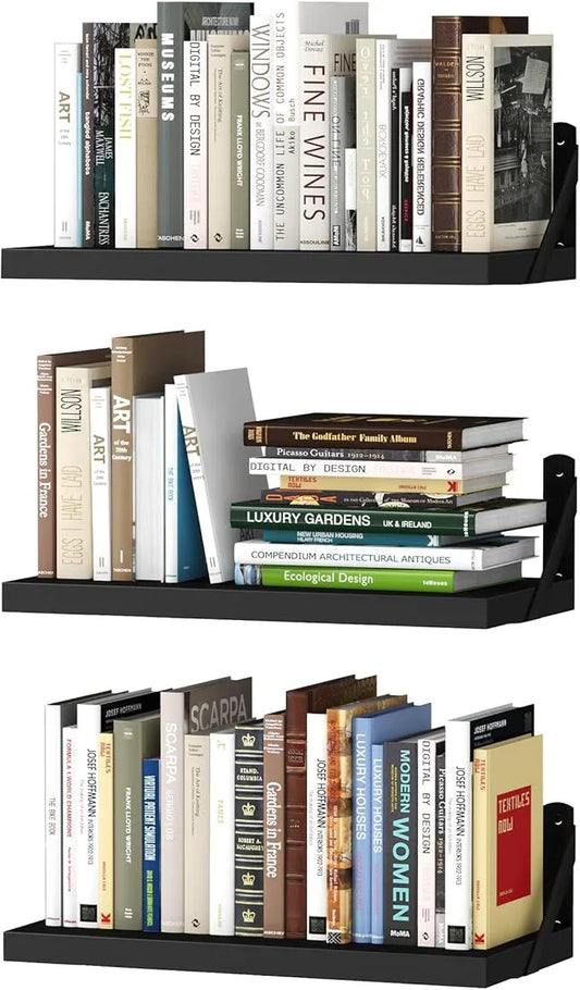 upsimples Floating Book Shelves for Wall, 15.7 Inches Wood Shelves for Living Room, Bathroom, Bedroom, Kitchen Storage and Decoration, Black - ModernBath