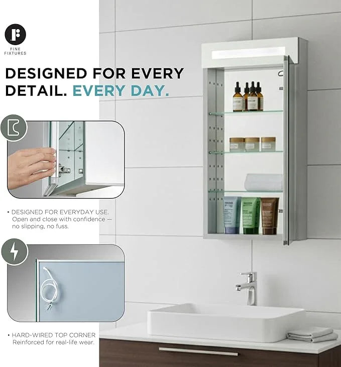 Fine Fixtures Bathroom Medicine Cabinet, Aluminum, Recessed/Surface Mount, Mirrored Interior w/LED (20 x 30 Right) - ModernBath