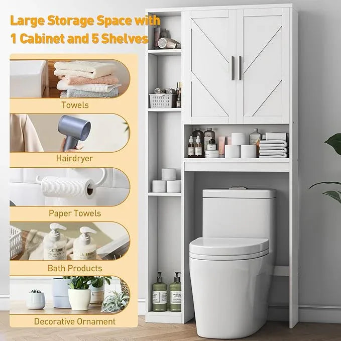 Over The Toilet Storage Cabinet with 7 Storage Shelves, Above Toilet Bathroom Organizer with Toilet Paper Holder Stand, Behind Toilet Cabinet, Space Saver for Restroom, Bathroom, Laundry, White - ModernBath