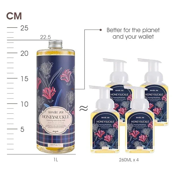 ROMIIE ZOI Foaming Hand Soap Refill Gift Set – Honeysuckle Scent – 3 Pack (1000ML Each) with Dispenser, Gentle & Moisturizing Plant-Based Formula – Bulk Refill Bottles for Bathroom & Kitchen Use - ModernBath