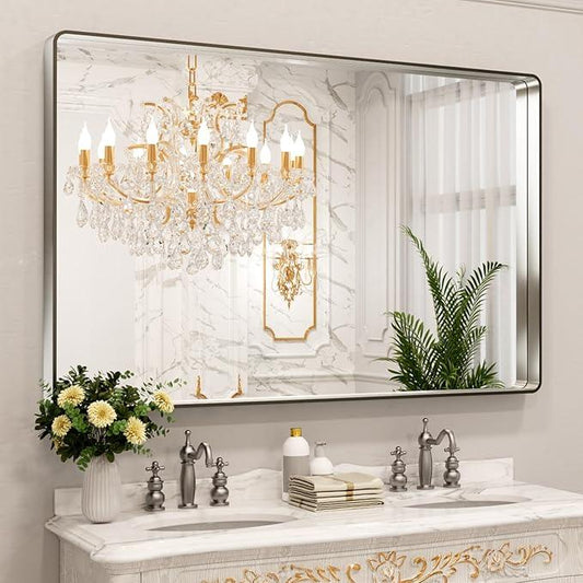 LOAAO 60X40 Inch Brushed Nickel Bathroom Mirror, Rounded Rectangle Silver Metal Frame Mirror, Brushed Nickel, Anti-Rust, Shatter Proof, Hangs Horizontally or Vertically - ModernBath