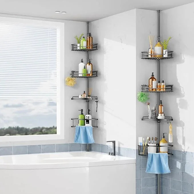 HAMITOR Corner Shower Caddy Tension Pole: Quick Installation 4-Tier Rustproof Bathroom Organizer Shelves for Bathtub Shampoo Storage - 47-121 inch Adjustable Floor Standing Bath Rack Holder Gray - ModernBath